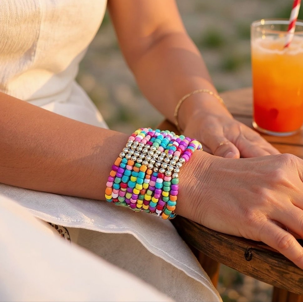 🏷️Vintage Large "cuff" bracelet consisting of 10 rows of multicolored beads